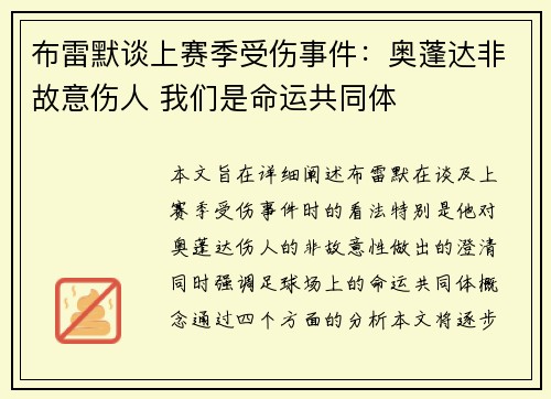 布雷默谈上赛季受伤事件：奥蓬达非故意伤人 我们是命运共同体