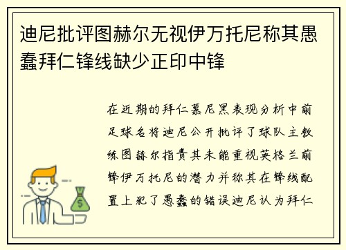 迪尼批评图赫尔无视伊万托尼称其愚蠢拜仁锋线缺少正印中锋